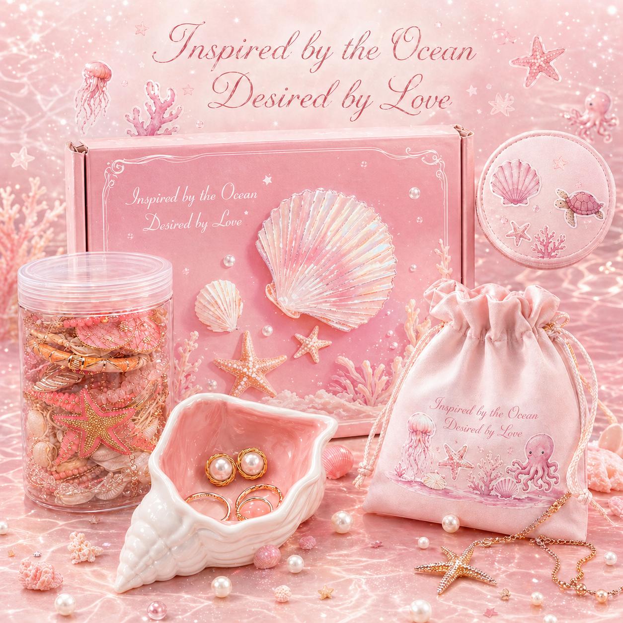 Mieuas Pink Ocean Style Mystery Jewelry Luxury jar set  - Summer Gift Set for Women, Unique Birthday Present with Necklace, Earrings, Rings & bracelets - Perfect for Seaside Enthusiasts