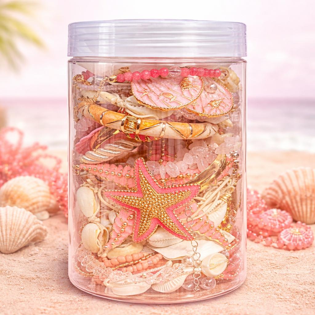 Mieuas Pink Ocean Style Mystery Jewelry Luxury jar set  - Summer Gift Set for Women, Unique Birthday Present with Necklace, Earrings, Rings & bracelets - Perfect for Seaside Enthusiasts
